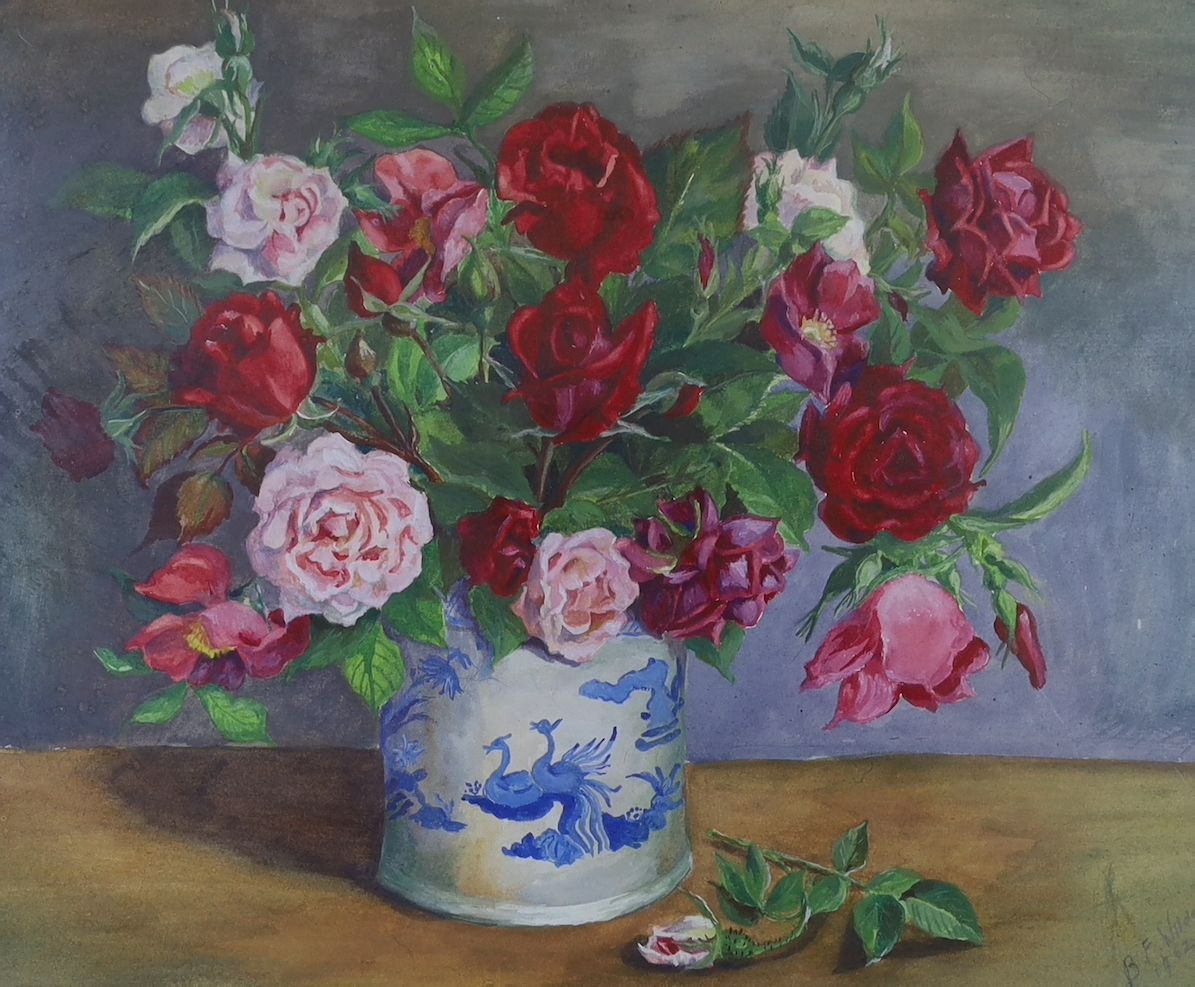 B. F. Wilde, watercolour, Still life of roses in a Chinese vase, signed and dated 1962, 32 x 38cm